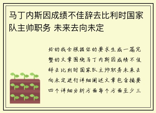 马丁内斯因成绩不佳辞去比利时国家队主帅职务 未来去向未定 马丁内斯因成绩不佳辞去比利时国家队主帅职务 未来去向未定