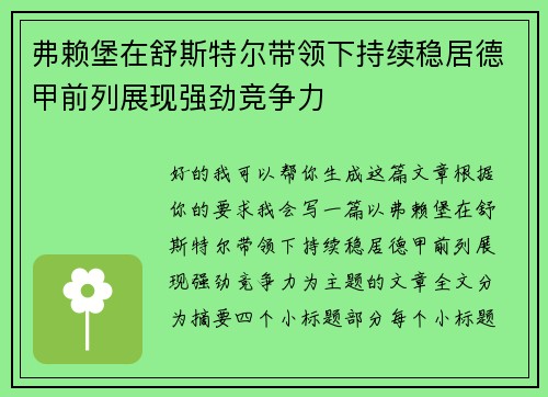 弗赖堡在舒斯特尔带领下持续稳居德甲前列展现强劲竞争力